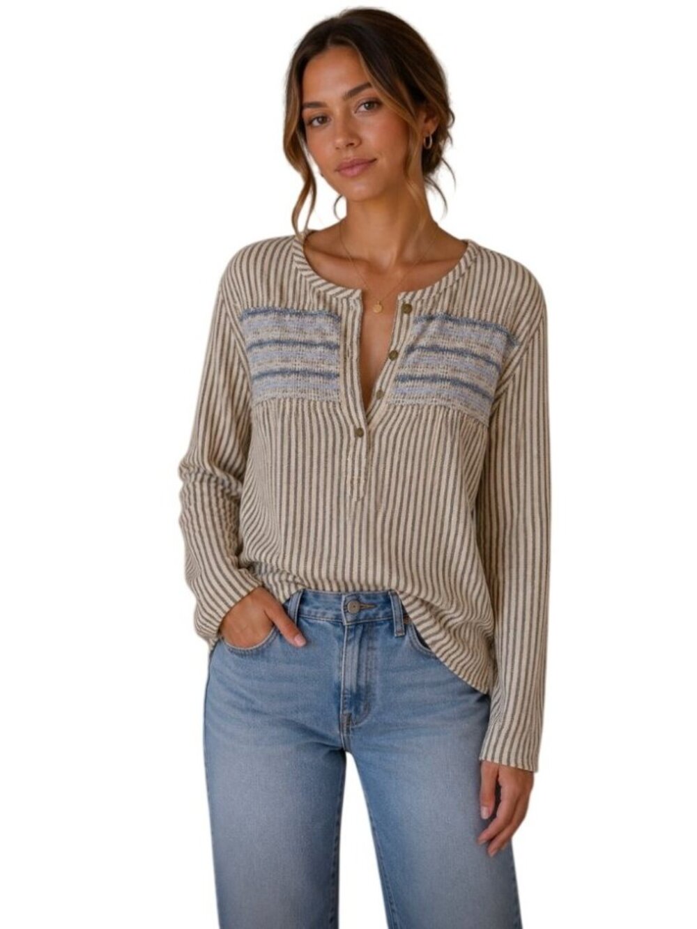 Current Elliott Retreat Stripe Embroidered Henley Peasant Top  - Size S